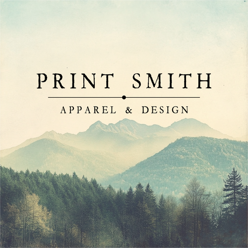 Print Smith logo with the tagline 'Apparel & Design' displayed over a serene mountain and forest landscape, evoking nature-inspired themes and rustic charm