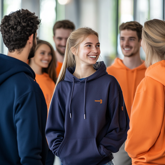 Group wearing matching custom t-shirts and hoodies, showcasing unity and brand visibility with personalized apparel.