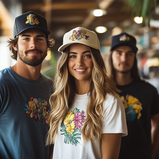 Group of people wearing matching custom t-shirts and hoodies, displaying unity and enhancing brand visibility with personalized apparel.