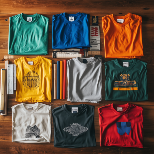 Flat lay of colorful custom t-shirts with unique designs, tools, and swatches on a wooden background, highlighting apparel customization.