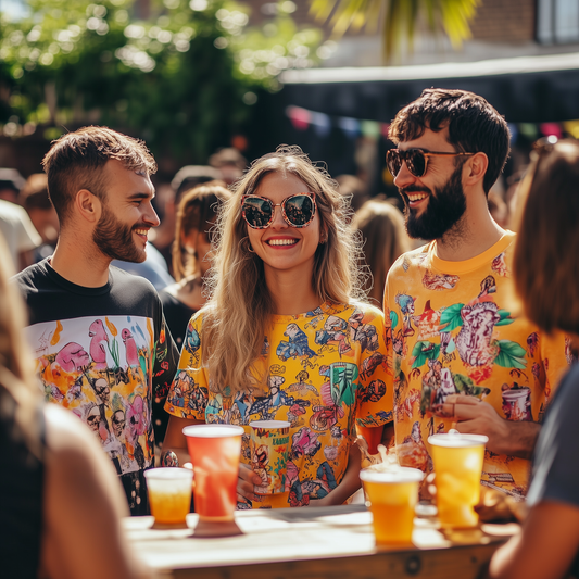 Custom t-shirts and hoodies for events, showing branded designs for corporate gatherings and family reunions.