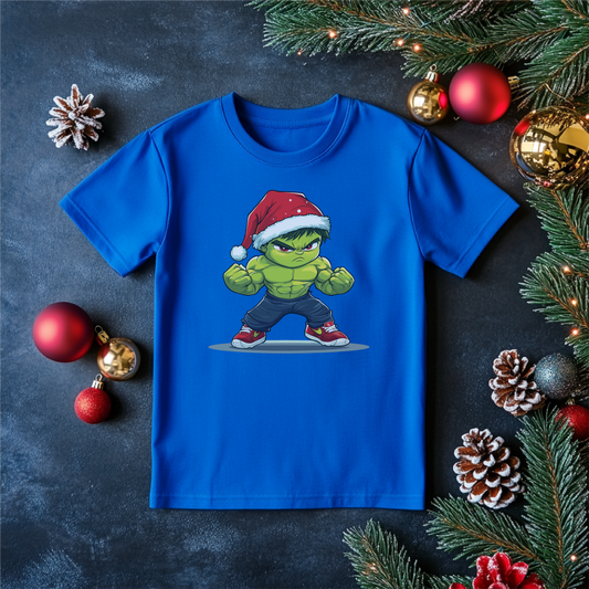 Toddler and youth holiday shirt featuring a green superhero in a Santa hat, perfect for festive celebrations and kids' holiday events.