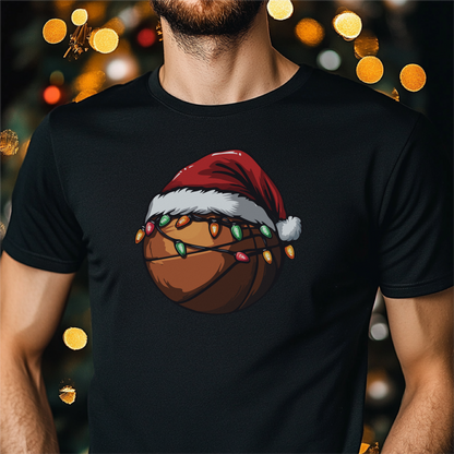 Festive Merry Dunkmas design featuring a basketball with a Santa hat and colorful Christmas lights on a black T-shirt, perfect for holiday sports fans.