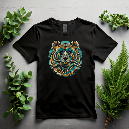 Geometric bear t-shirt with vibrant teal, orange, and brown line art, set on a black shirt. Perfect for outdoor enthusiasts and nature lovers looking for bold animal-themed apparel. Available on various shirt styles and colors.