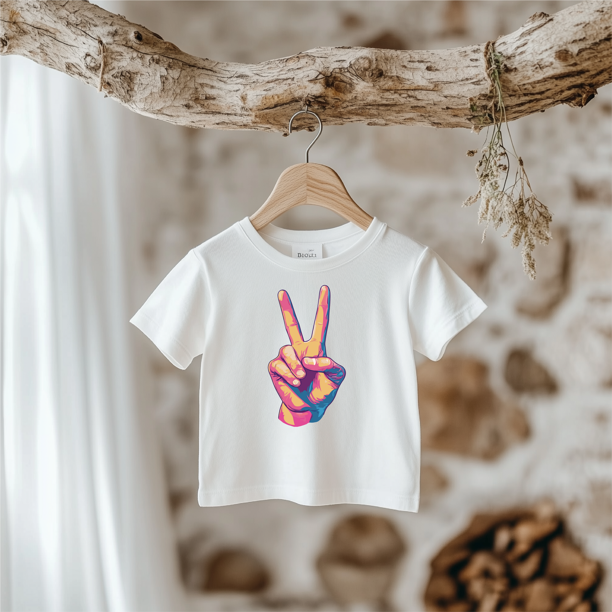 Colorful peace sign design on toddler t-shirt, featuring a vibrant, pop-art style hand making the peace gesture. Perfect for kids who embrace positive vibes and peace. Bright colors stand out on soft, comfortable fabric, suitable for toddler and youth sizes.