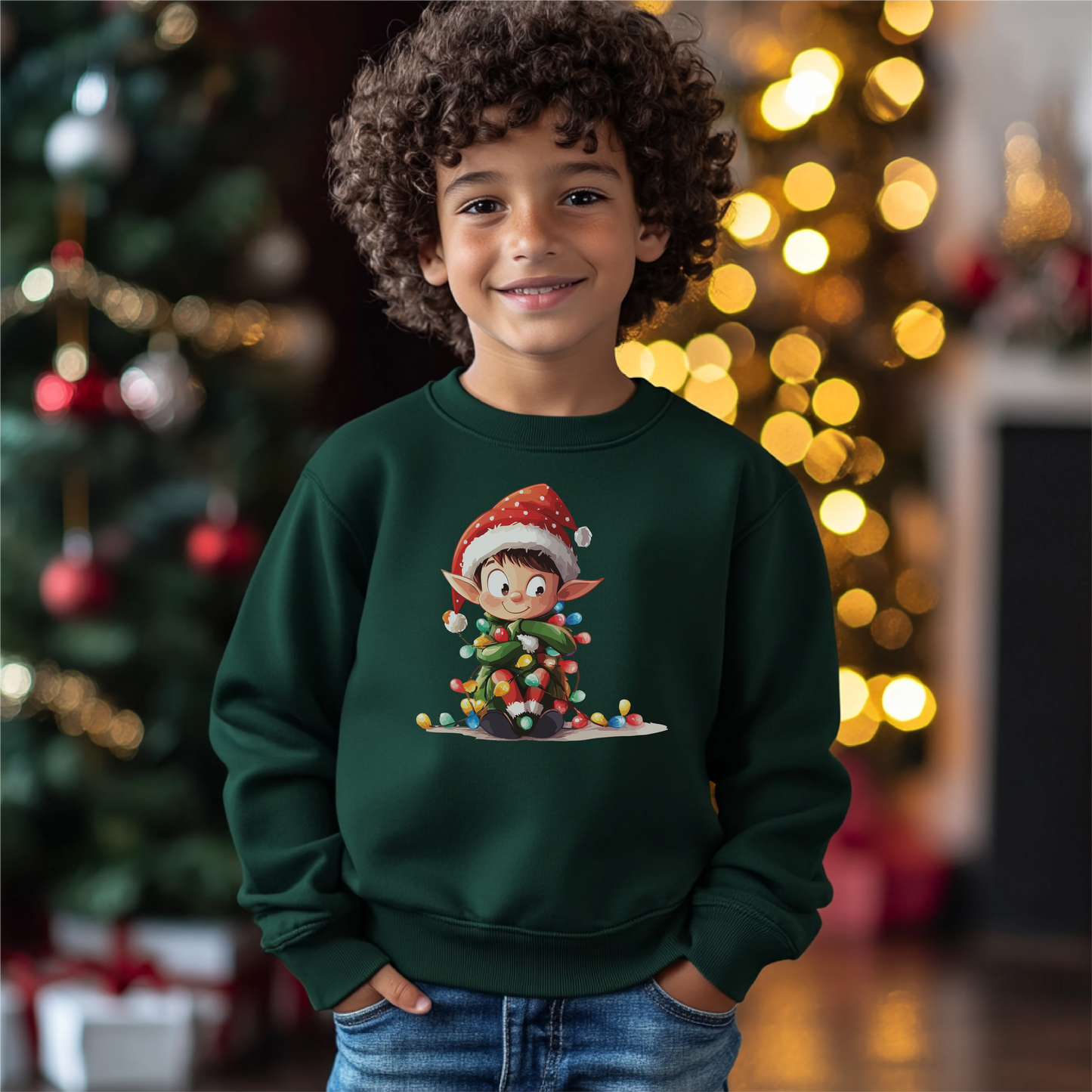 Child wearing a green crewneck with a holiday design featuring a cheerful elf tangled in Christmas lights, standing in front of a festive background.