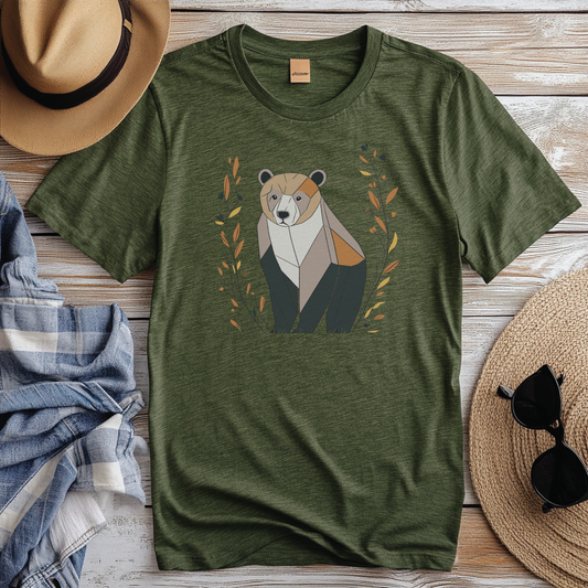 Earthy geometric bear graphic on a forest green shirt, perfect for nature lovers and outdoor enthusiasts. This minimalist bear design is surrounded by autumnal leaves, bringing a rustic vibe to any outfit.