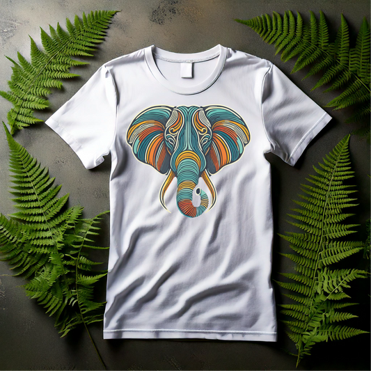 Elephant Flow design on a white t-shirt, featuring a colorful, intricate line art elephant head with teal, orange, and earthy tones. Perfect for animal lovers and those with a bohemian style. Available on multiple shirt styles and colors.