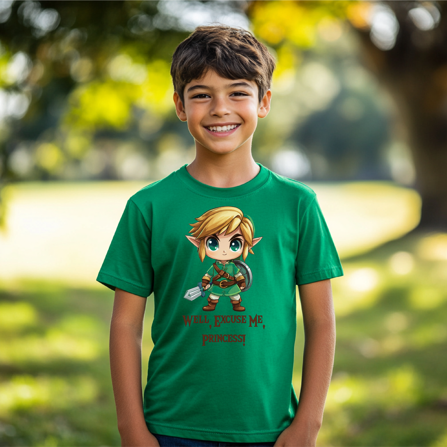 Excuse Me Princess youth apparel featuring a heroic elf-inspired character with a sword and shield and the phrase 'Well, Excuse Me, Princess!' displayed on a green T-shirt