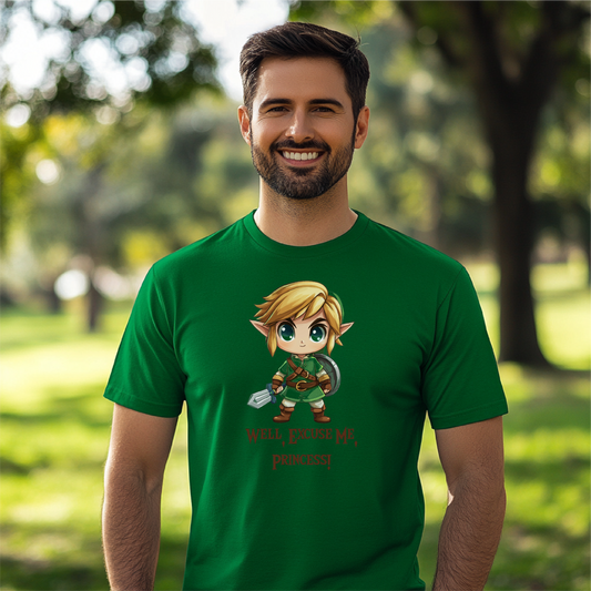 Well, Excuse Me, Princess!" t-shirt featuring a chibi-style hero, shown on a green background with a cheerful model outdoors.