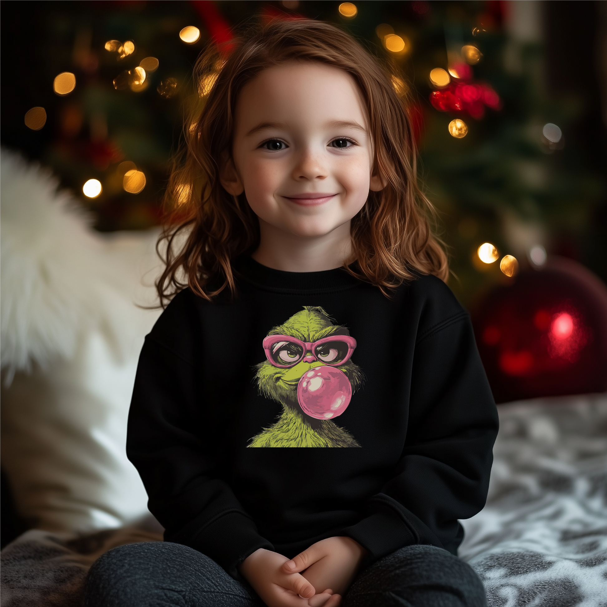 Youth wearing a "Retro Grinch Vibes" holiday shirt featuring the Grinch with pink retro glasses and a bubblegum design, perfect for festive and playful holiday outfits.