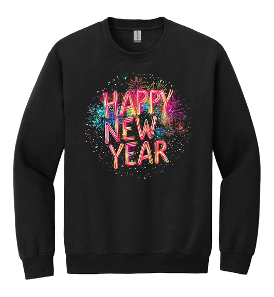 Happy New Year Neon Crewneck with colorful neon lettering and fireworks design on a black sweatshirt, perfect for celebrating New Year’s Eve in style.