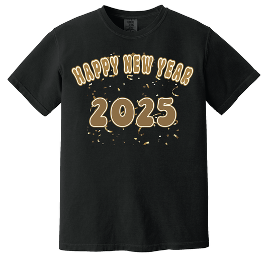 Happy New Year 2025 T-Shirt in Black with festive confetti design, perfect for New Year’s celebrations.