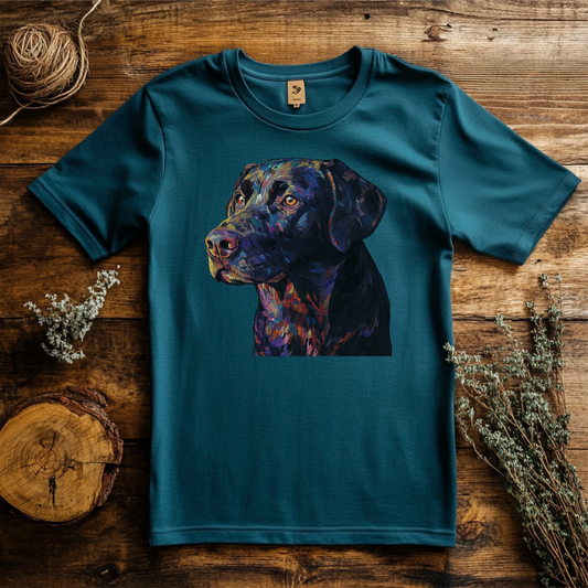 Artistic Labrador retriever t-shirt design featuring a colorful, expressive portrait of a black lab. Ideal for dog lovers, especially labrador fans, looking for unique pet-themed apparel. Available in various shirt styles and colors.