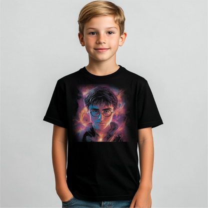 Hero Wizard youth apparel featuring a vibrant and mystical design inspired by a young wizard. Available in toddler and youth sizes, displayed on a black T-shirt