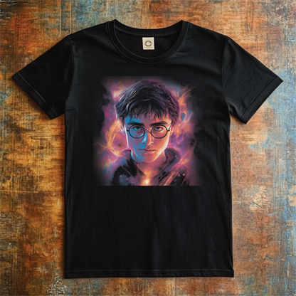 Black t-shirt featuring a vibrant illustration of a young wizard surrounded by glowing magical energy in shades of purple, orange, and pink.