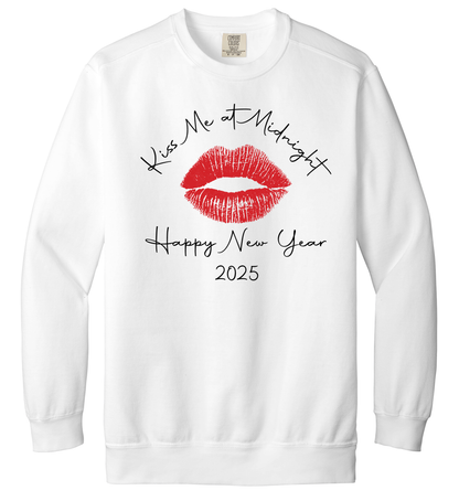 White Kiss Me at Midnight crewneck featuring a bold red lip graphic and "Happy New Year 2025" script, displayed on a classic sweatshirt.