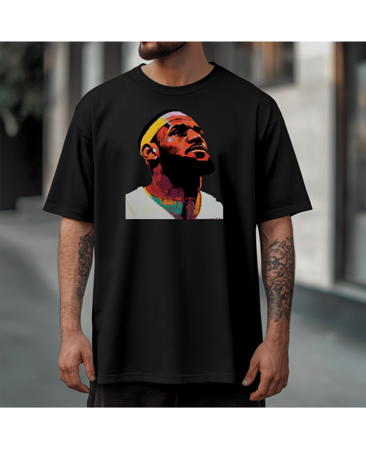 Portrait of basketball legend t-shirt featuring a vibrant, abstract art style with bold colors. Perfect for basketball fans and sports enthusiasts looking to celebrate iconic players. Unique sports-inspired apparel for casual wear, available in multiple shirt styles and colors.