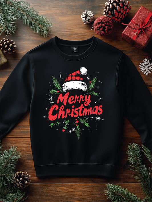 Holly Jolly Christmas crewneck with Santa hat and holly design, laid on a festive wood backdrop with pinecones and Christmas decor