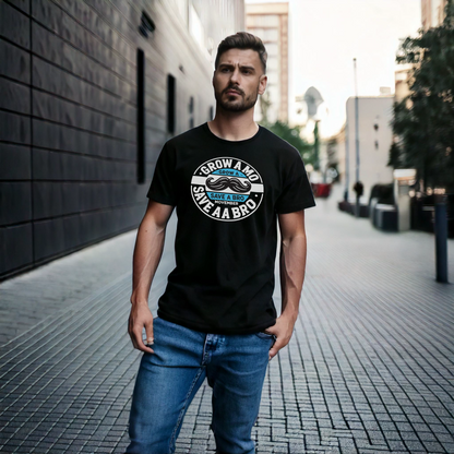 Movember awareness t-shirt featuring the slogan 'Grow a Mo, Save a Bro' with mustache graphic in blue, white, and black. Ideal for supporting men’s health awareness and promoting the Movember movement. Available in multiple shirt styles and colors.