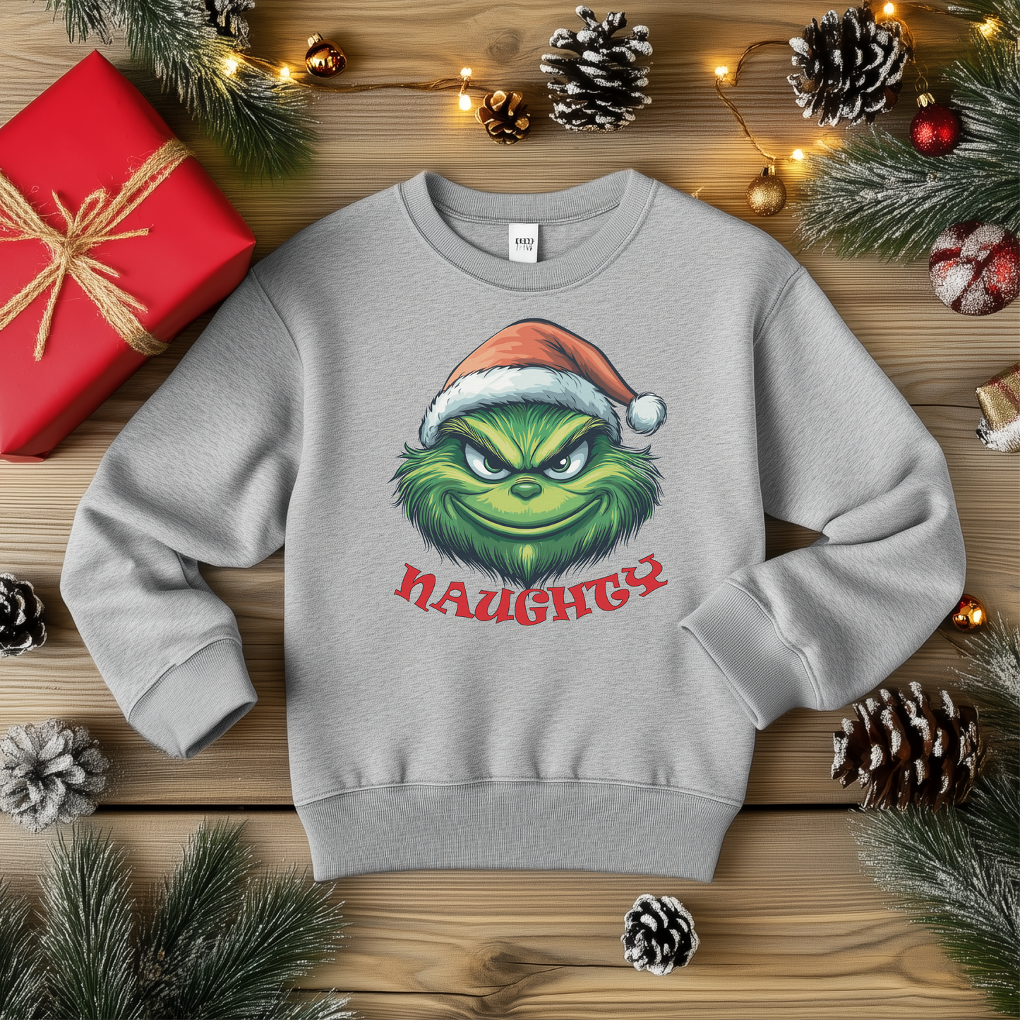 Gray crewneck sweater featuring a bold "Naughty Grinch" design with the iconic green Grinch face wearing a Santa hat, surrounded by festive pinecones, greenery, and Christmas lights.