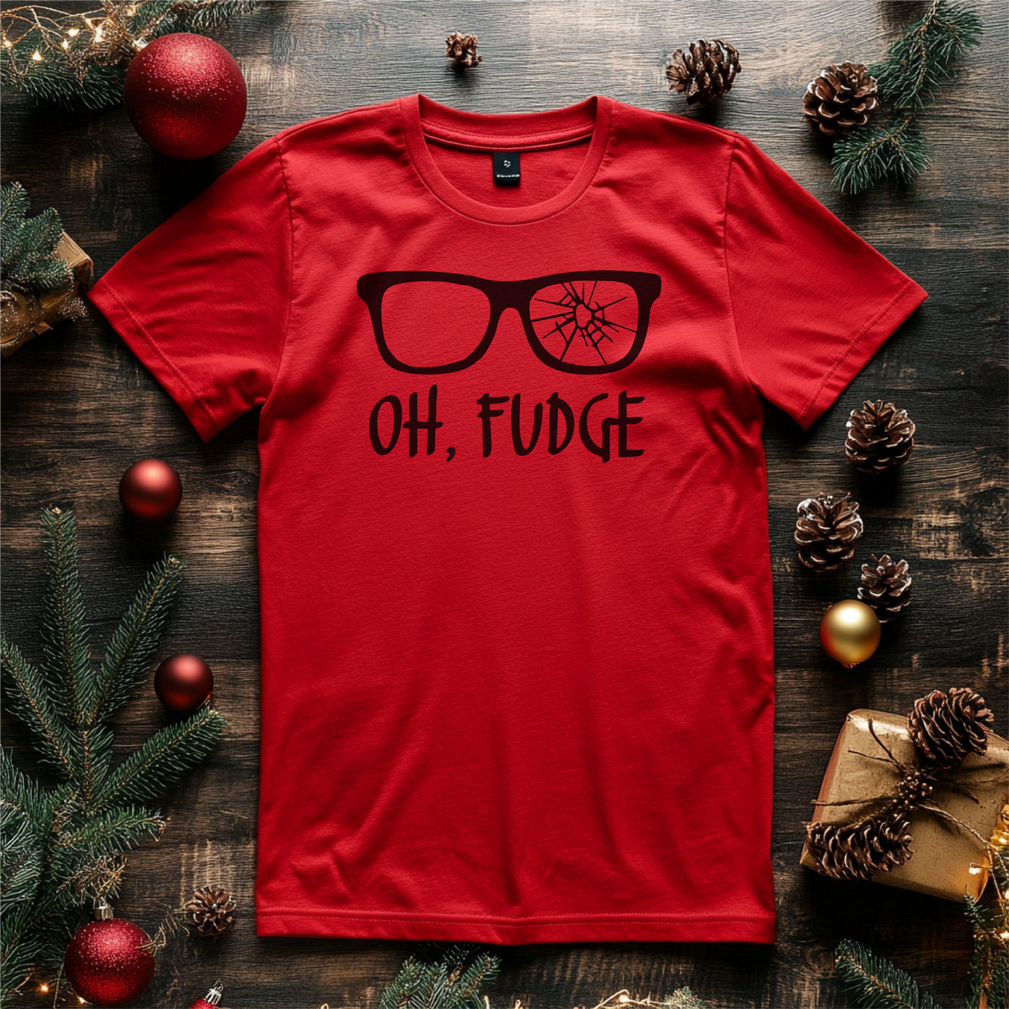 Red holiday t-shirt with 'Oh, Fudge' design featuring broken glasses, festive setting with pinecones and ornaments