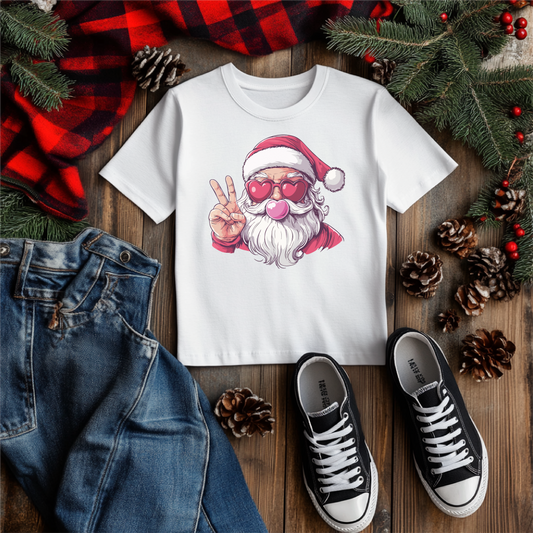 Peace, Love, and Santa" shirt featuring retro Santa with heart-shaped glasses and peace sign, displayed in a festive holiday setting with pine cones and a plaid blanket.