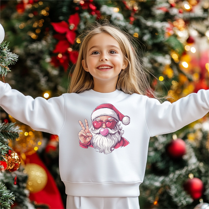 Smiling child wearing "Peace, Love, and Santa" youth sweatshirt, featuring a fun Santa with heart-shaped glasses and peace sign, standing in front of a festive Christmas tree background.