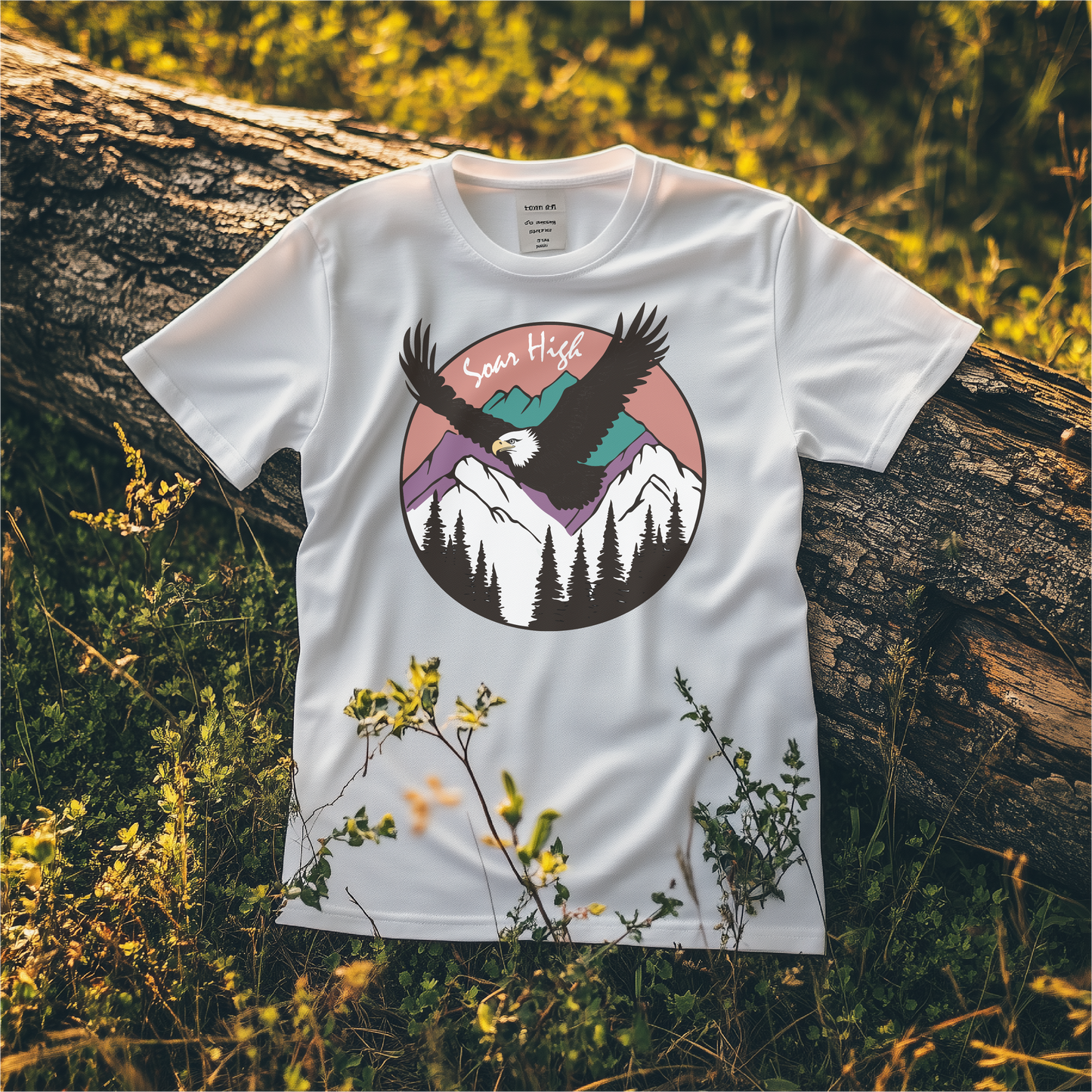 Nature-inspired 'Soar High' t-shirt featuring a majestic eagle flying over mountain peaks and pine trees. Perfect for outdoor enthusiasts and those who appreciate wilderness adventure. Available in multiple shirt styles and colors.