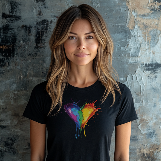 Splatter Heart design on a black t-shirt, featuring a vibrant dripping heart in rainbow colors, symbolizing love and individuality. Perfect for those who embrace bold and artistic expression in their style.