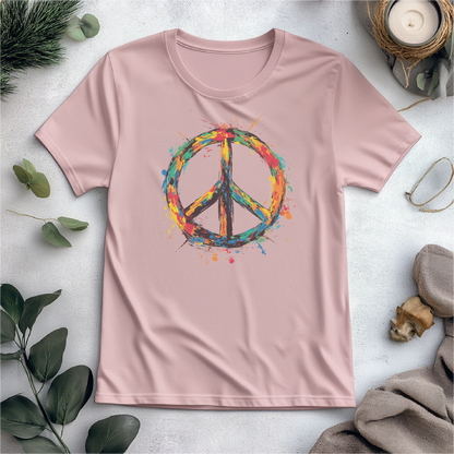 Splatter Peace t-shirt featuring a colorful, vibrant peace symbol with paint splatter effects. Perfect for those who embrace artistic expression and peaceful vibes. Available in adult sizes and a variety of styles and colors.