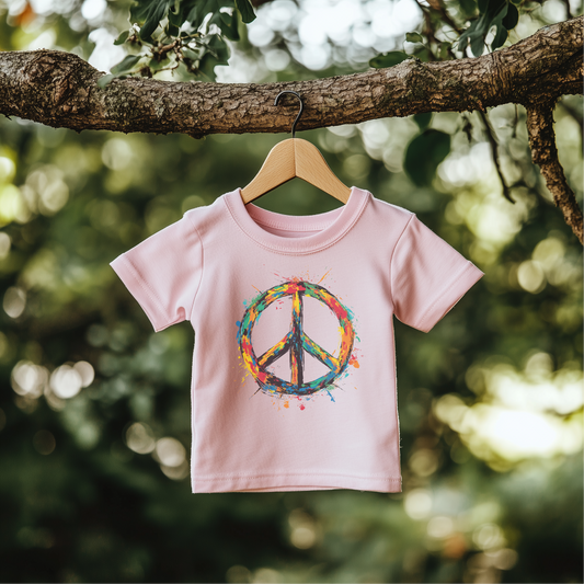 Vibrant 'Splatter Peace' youth t-shirt featuring a colorful peace symbol in a splatter-paint style. Ideal for kids who love expressive, artistic designs. Available in toddler and youth sizes across multiple styles and colors.