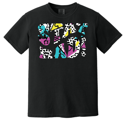 Stay Rad! T-Shirt featuring a bold 80s-inspired design with geometric patterns and animal prints on a black crewneck.