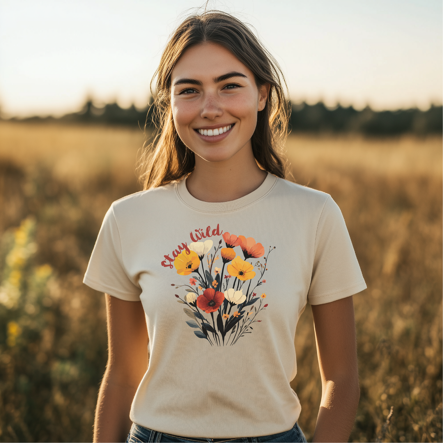 Stay Wild t-shirt featuring a beautiful wildflower bouquet design with vibrant colors. Ideal for nature lovers and free spirits, this floral graphic tee adds a touch of the outdoors to any look. Available in multiple sizes, colors, and styles.