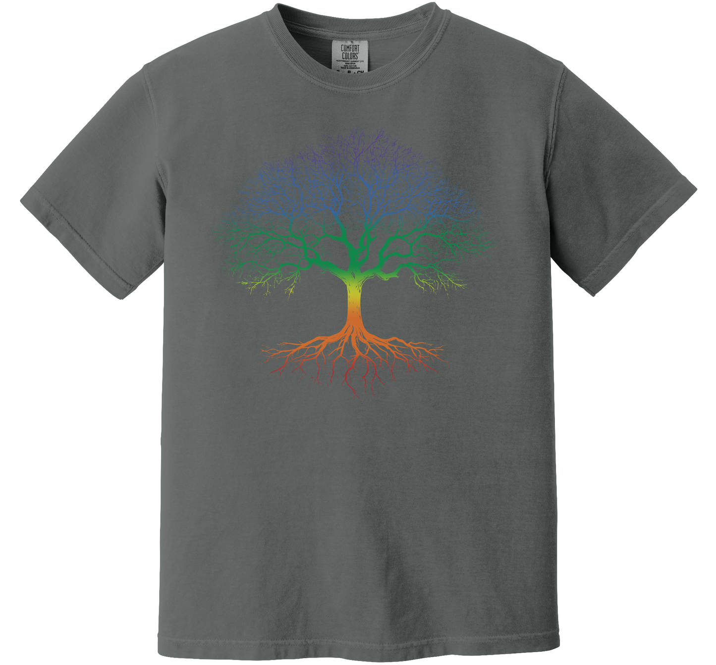 Tree of Life Rainbow shirt featuring a colorful gradient tree design with branches and roots, displayed on a Comfort Colors T-Shirt.