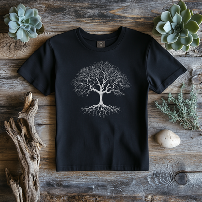 Tree of Life t-shirt featuring an intricate white tree with roots and branches, symbolizing strength and growth. Nature-inspired apparel for outdoor enthusiasts and those seeking a meaningful, earthy design. Available in various colors, sizes, and shirt styles.