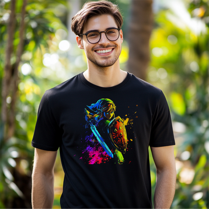 A vibrant and colorful design featuring a heroic figure with a shield and sword, displayed on a black T-shirt. Perfect for fans of bold and artistic apparel