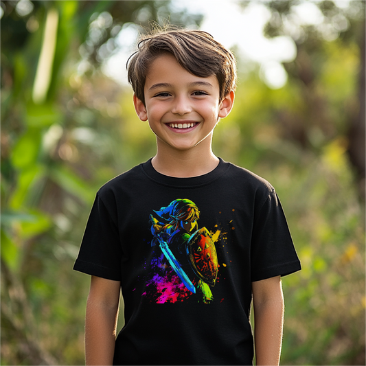 A young boy wearing a black "Vibrant Valor" shirt featuring a colorful design of a hero with a sword and shield, perfect for kids who love vibrant and bold artwork.