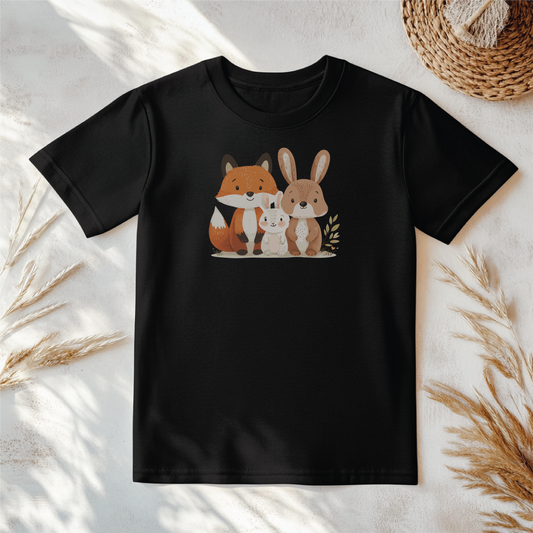 Youth t-shirt featuring adorable woodland animals, including a fox, rabbit, and bunny, in a playful, earthy color palette. Perfect for kids who love nature and animals. Available in multiple colors and sizes.