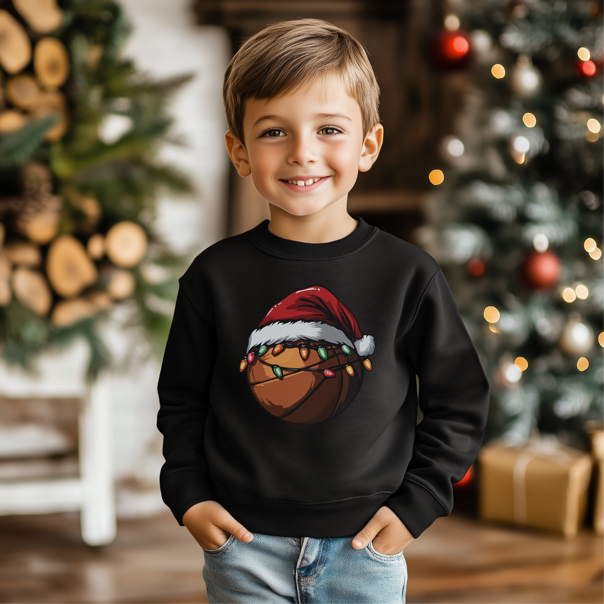 Festive Merry Dunkmas design featuring a basketball with a Santa hat and Christmas lights on a black youth crewneck sweater, perfect for holiday-loving basketball fans.