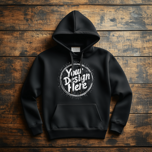 Black hoodie mockup with customizable circular design area on a rustic wooden background, displaying 'Your Design Here' text. Ideal for showcasing custom apparel designs, logos, or personalized graphics on a cozy hoodie. Perfect for custom apparel brands.