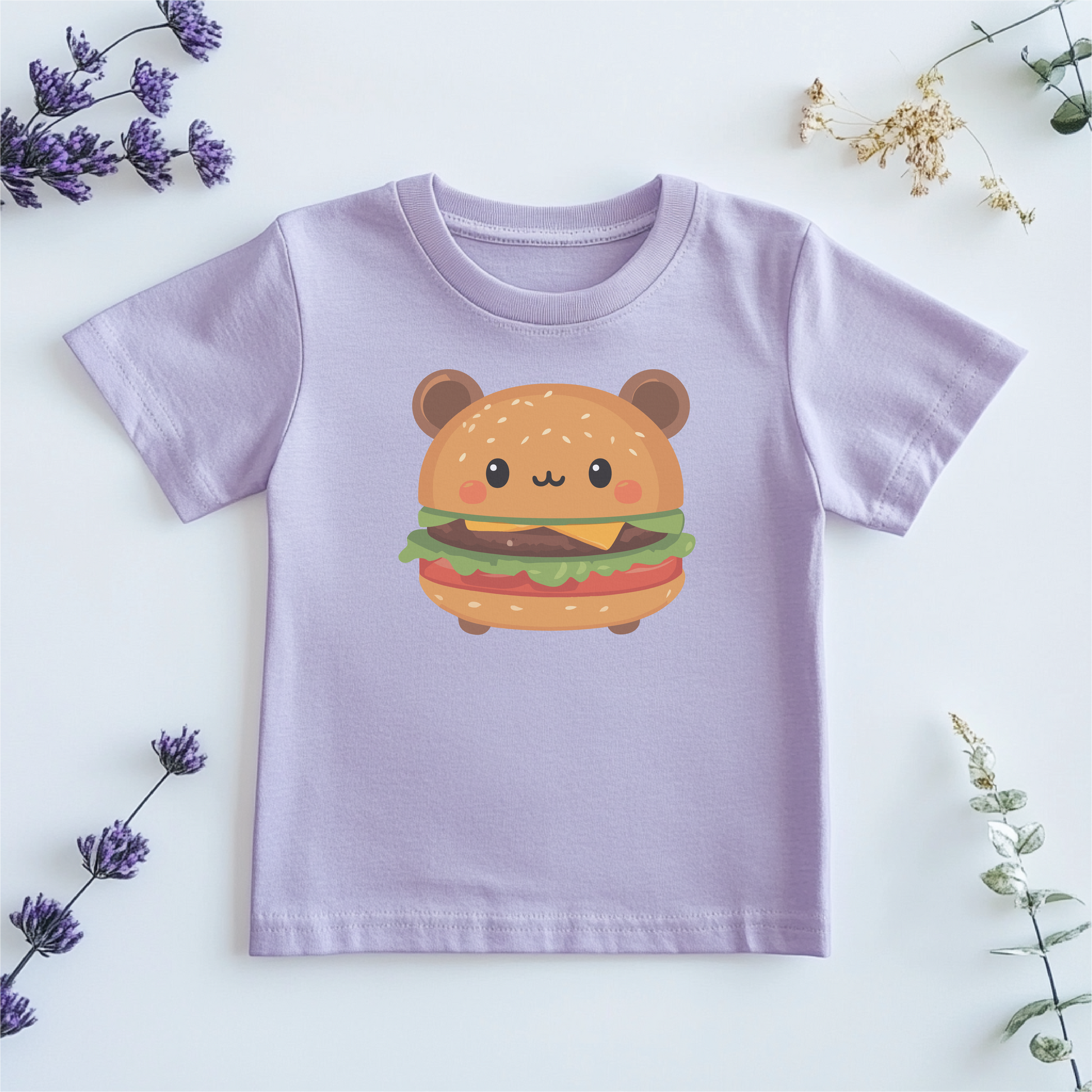 Youth lavender shirt featuring a kawaii-style cheeseburger graphic with a smiling face, perfect for toddlers and kids who love fun and adorable designs.