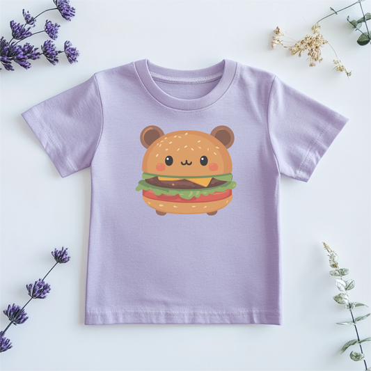 Youth lavender shirt featuring a kawaii-style cheeseburger graphic with a smiling face, perfect for toddlers and kids who love fun and adorable designs.