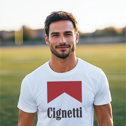 "Coach Cig design on a white T-Shirt, modeled outdoors. Bold red and black minimalist graphic perfect for sports fans and casual style."