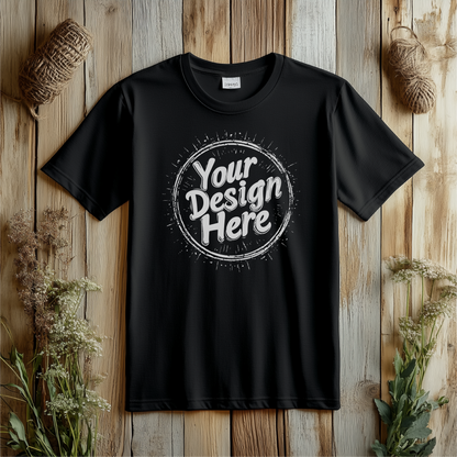 Black t-shirt mockup with customizable circular design area on a rustic wooden background, displaying 'Your Design Here' text. Ideal for presenting custom apparel designs, logos, or personalized graphics on a classic t-shirt. Perfect for custom apparel brands and personalized clothing shops.