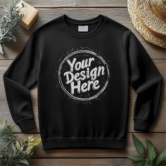 Black crewneck sweatshirt mockup featuring a customizable circular design space with 'Your Design Here' text, ideal for showcasing custom apparel designs. Perfect for adding personalized artwork, logos, or graphics on a cozy, stylish sweatshirt.