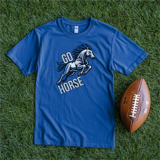 Go Horse football-themed t-shirt with a dynamic running horse illustration, perfect for fans supporting their team. Displayed on a blue shirt, suitable for game day apparel and sports enthusiasts. Available on various shirt styles and colors.