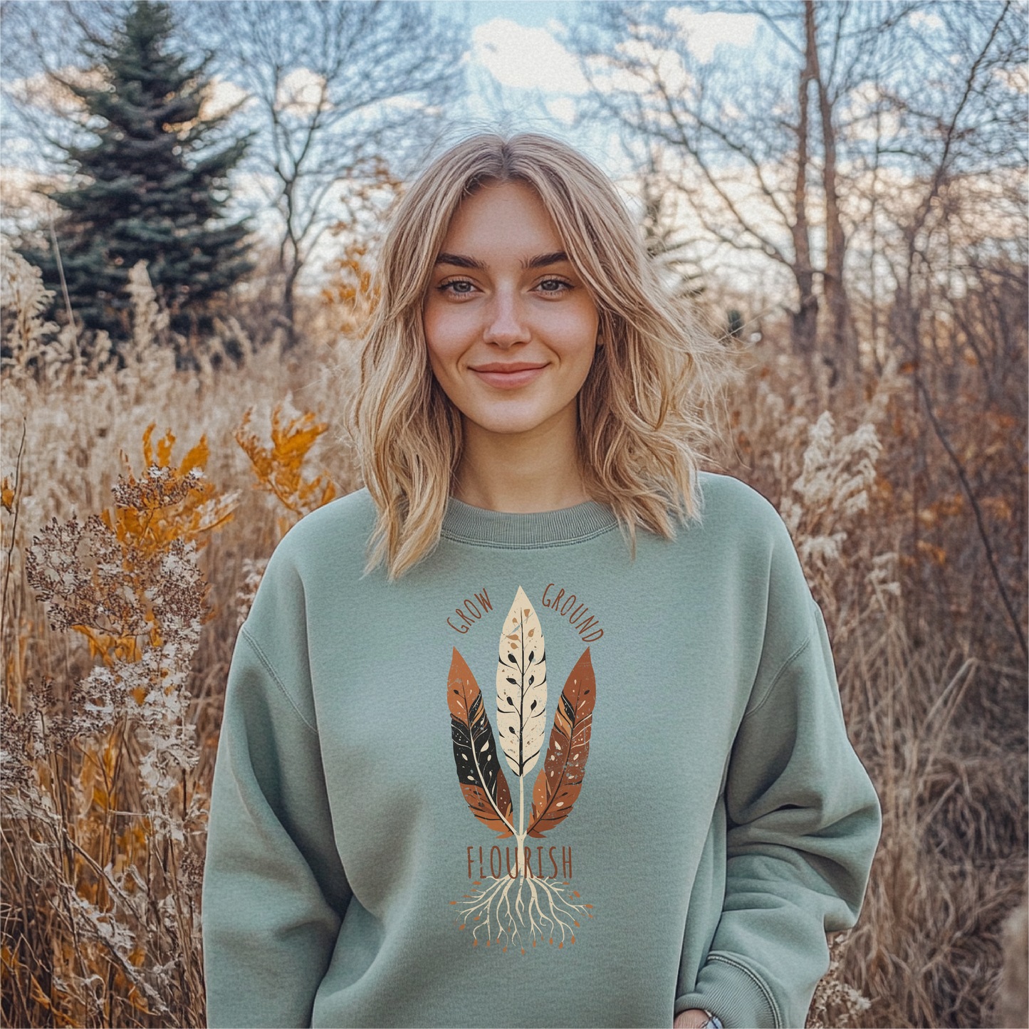 Woman wearing a sage green crewneck sweatshirt with a "Grow Ground Flourish" nature-inspired design featuring leaves and roots in earthy tones.