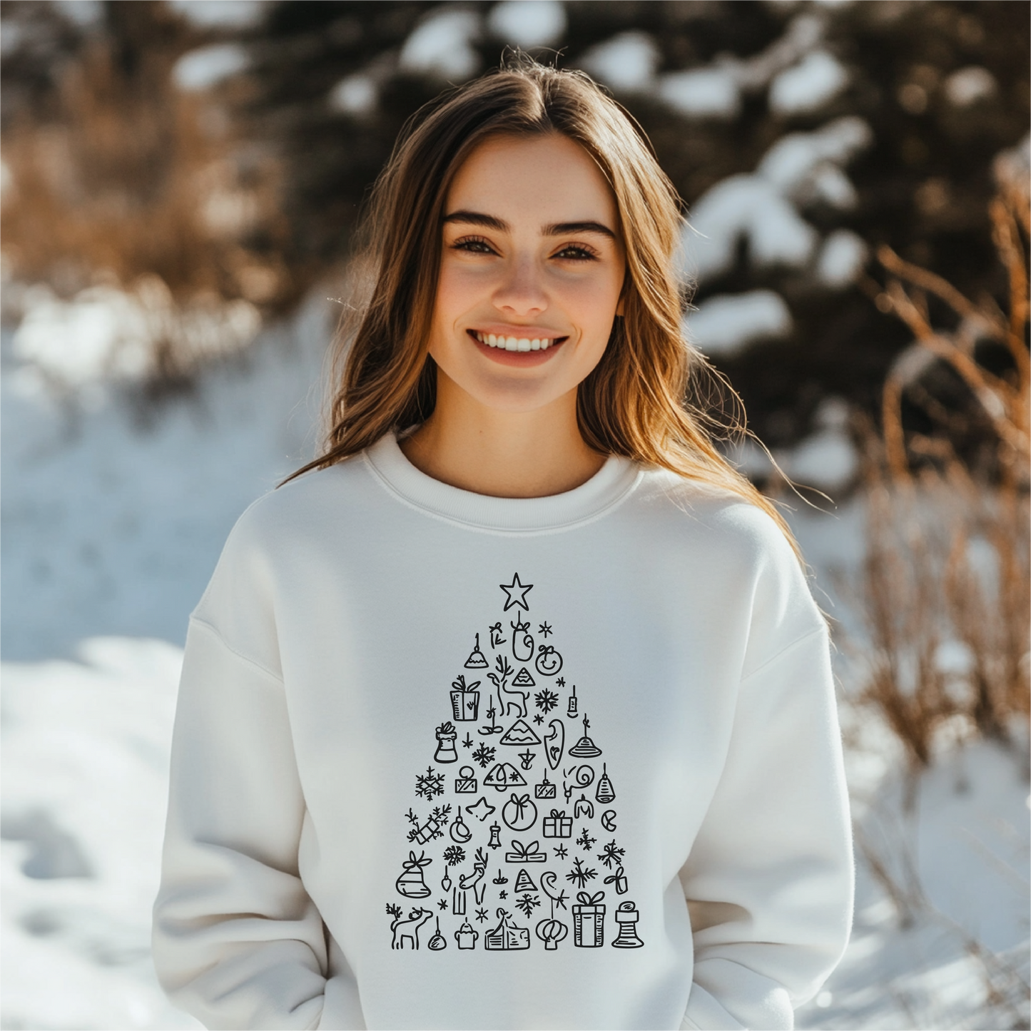 Woman wearing a "Holiday Doodle Tree-Black" crewneck featuring a black Christmas tree design made of festive doodles, ideal for holiday gatherings and seasonal celebrations.