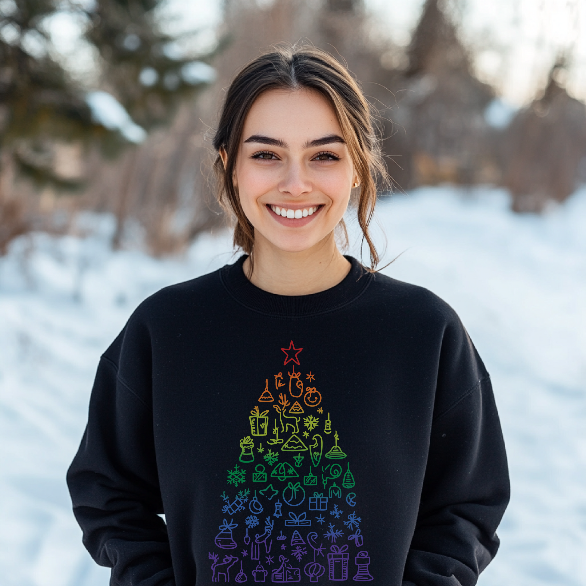 A cozy black crewneck sweatshirt featuring a rainbow gradient holiday-themed doodle tree design, perfect for festive and colorful celebrations.